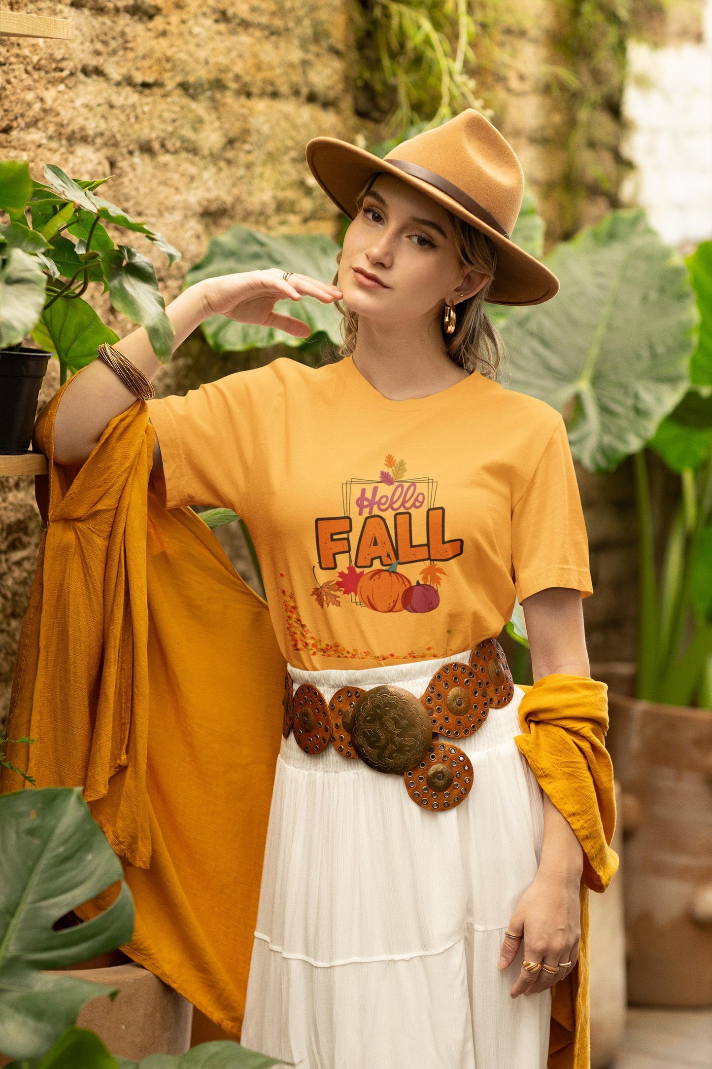 Hello Fall T-Shirt: Unisex Heavy Cotton Tee, Autumn Pumpkin Design