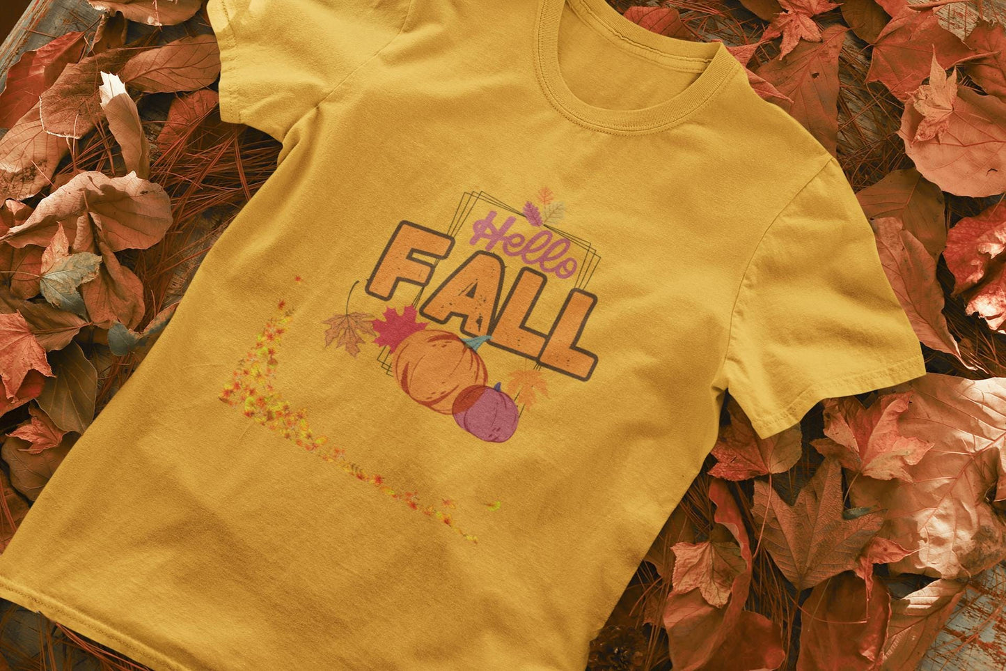Hello Fall T-Shirt: Unisex Heavy Cotton Tee, Autumn Pumpkin Design