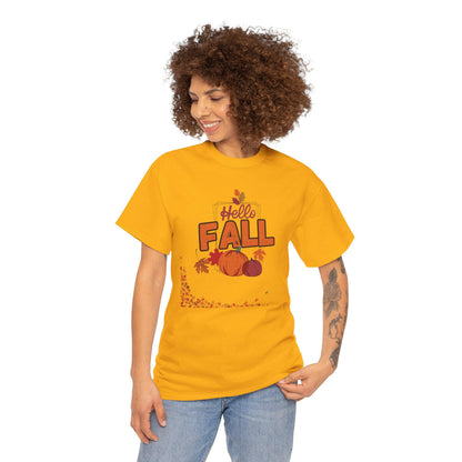 Hello Fall T-Shirt: Unisex Heavy Cotton Tee, Autumn Pumpkin Design
