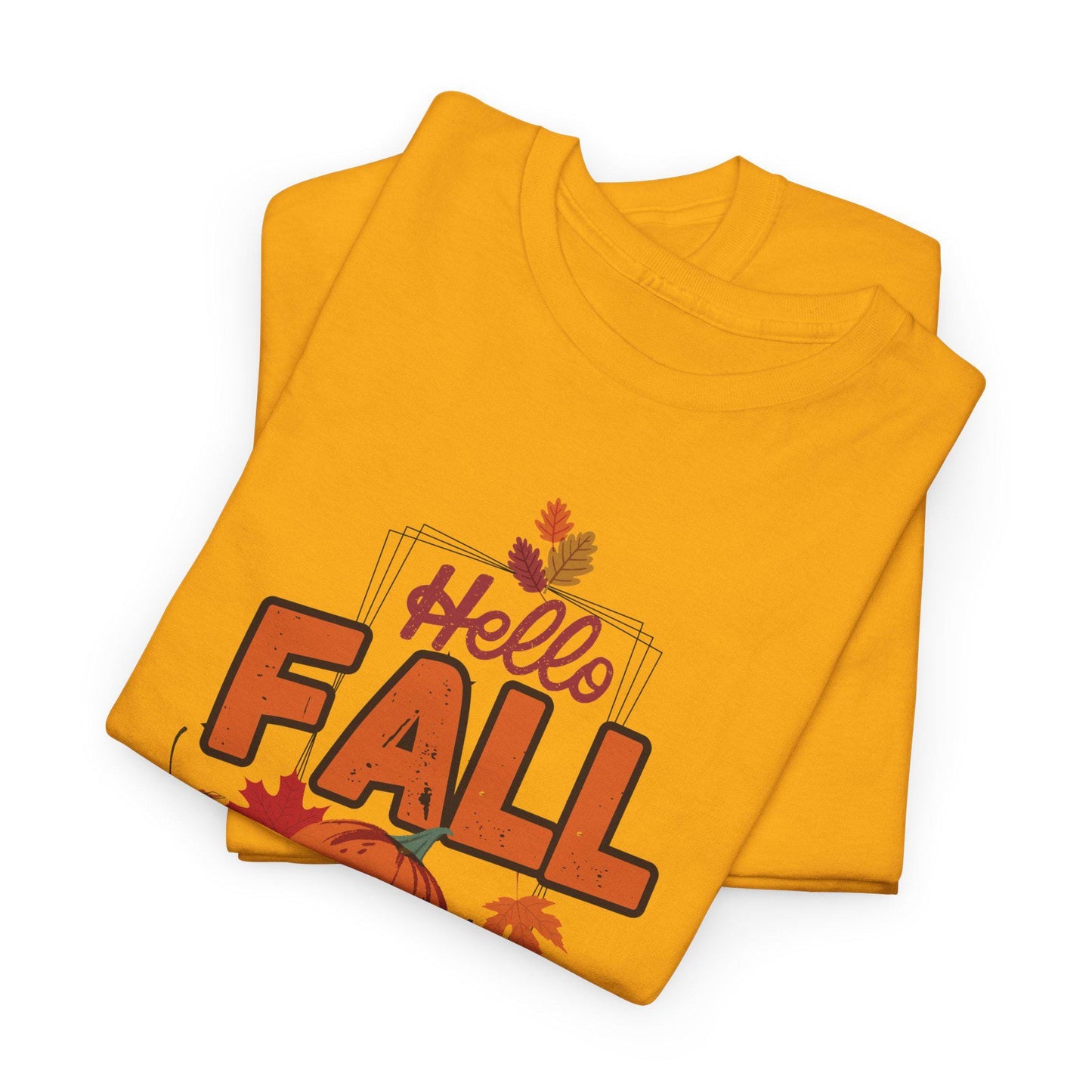 Hello Fall T-Shirt: Unisex Heavy Cotton Tee, Autumn Pumpkin Design