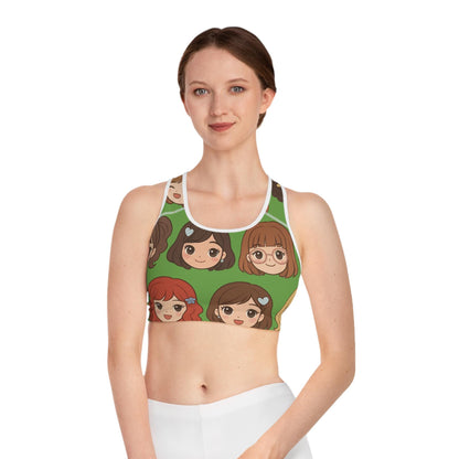 Kawaii Anime Girl Sports Bra, Cute Green Cartoon Print | Comfy Activewear for Anime Lovers