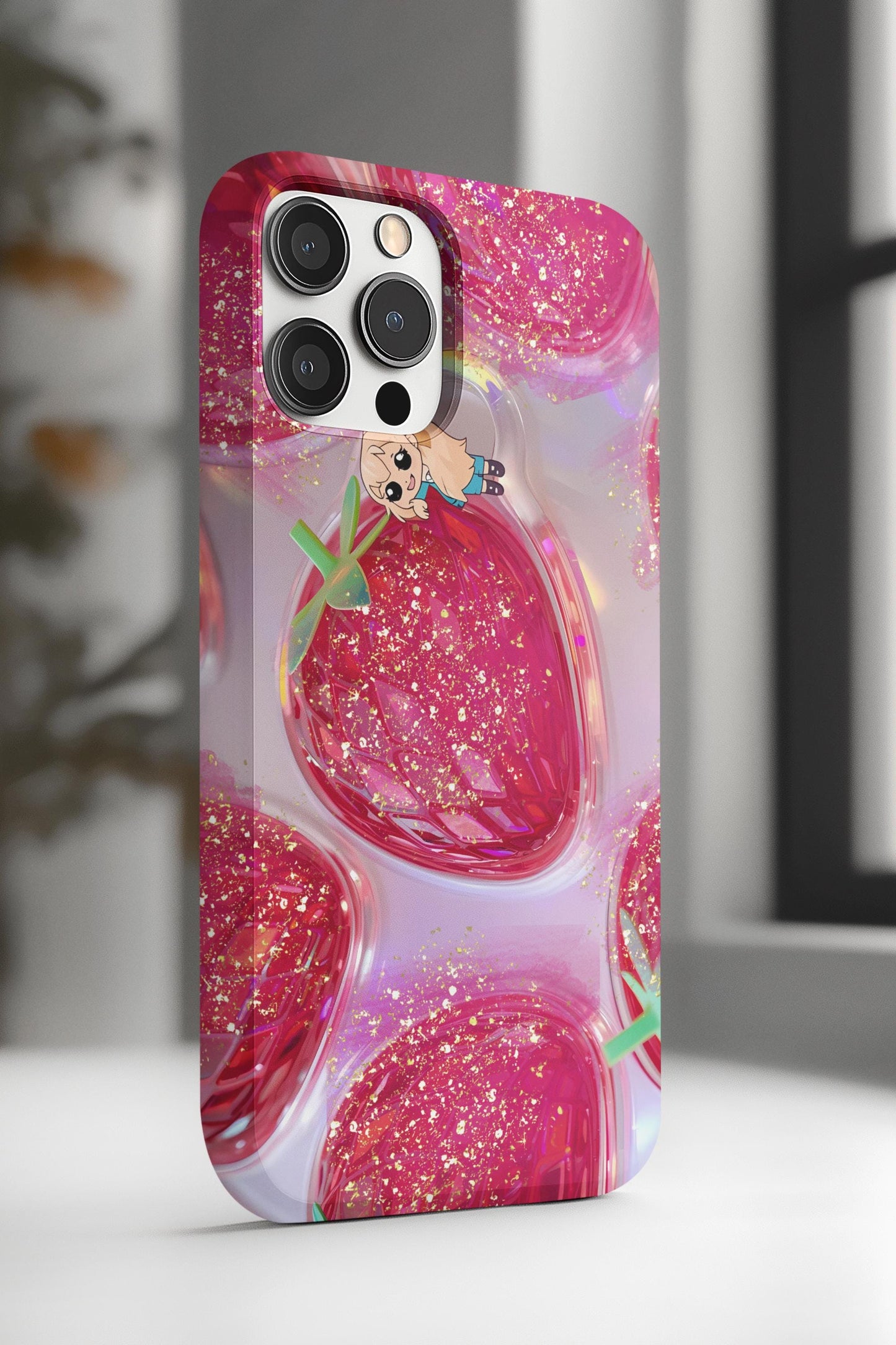 Glittery Strawberry iPhone 14 Case, Stained Glass Pink Aesthetic | Cute Phone Accessory, Tough Case for Girls, Fun & Stylish Gift