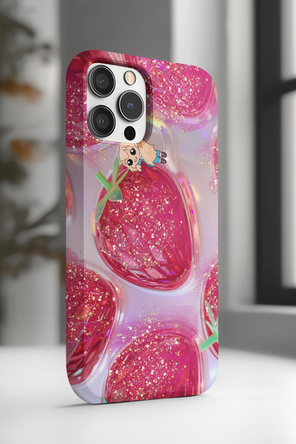 Glittery Strawberry iPhone 14 Case, Stained Glass Pink Aesthetic | Cute Phone Accessory, Tough Case for Girls, Fun & Stylish Gift