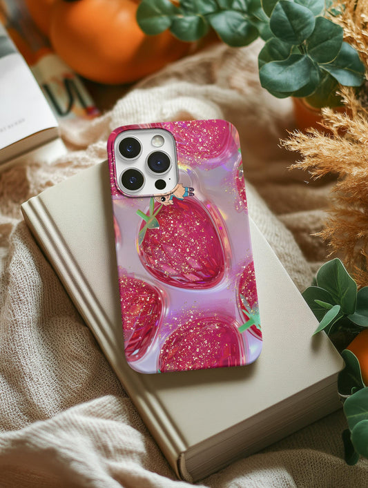 Glittery Strawberry iPhone 14 Case, Stained Glass Pink Aesthetic | Cute Phone Accessory, Tough Case for Girls, Fun & Stylish Gift