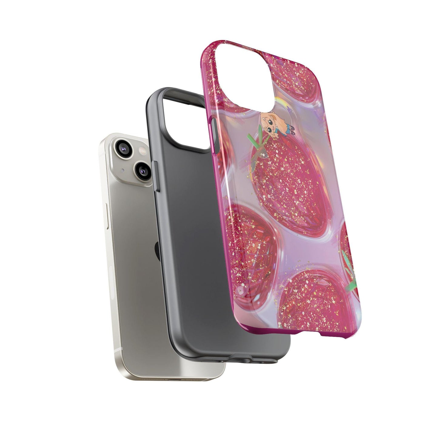 Glittery Strawberry iPhone 14 Case, Stained Glass Pink Aesthetic | Cute Phone Accessory, Tough Case for Girls, Fun & Stylish Gift
