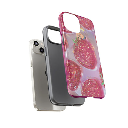 Glittery Strawberry iPhone 14 Case, Stained Glass Pink Aesthetic | Cute Phone Accessory, Tough Case for Girls, Fun & Stylish Gift