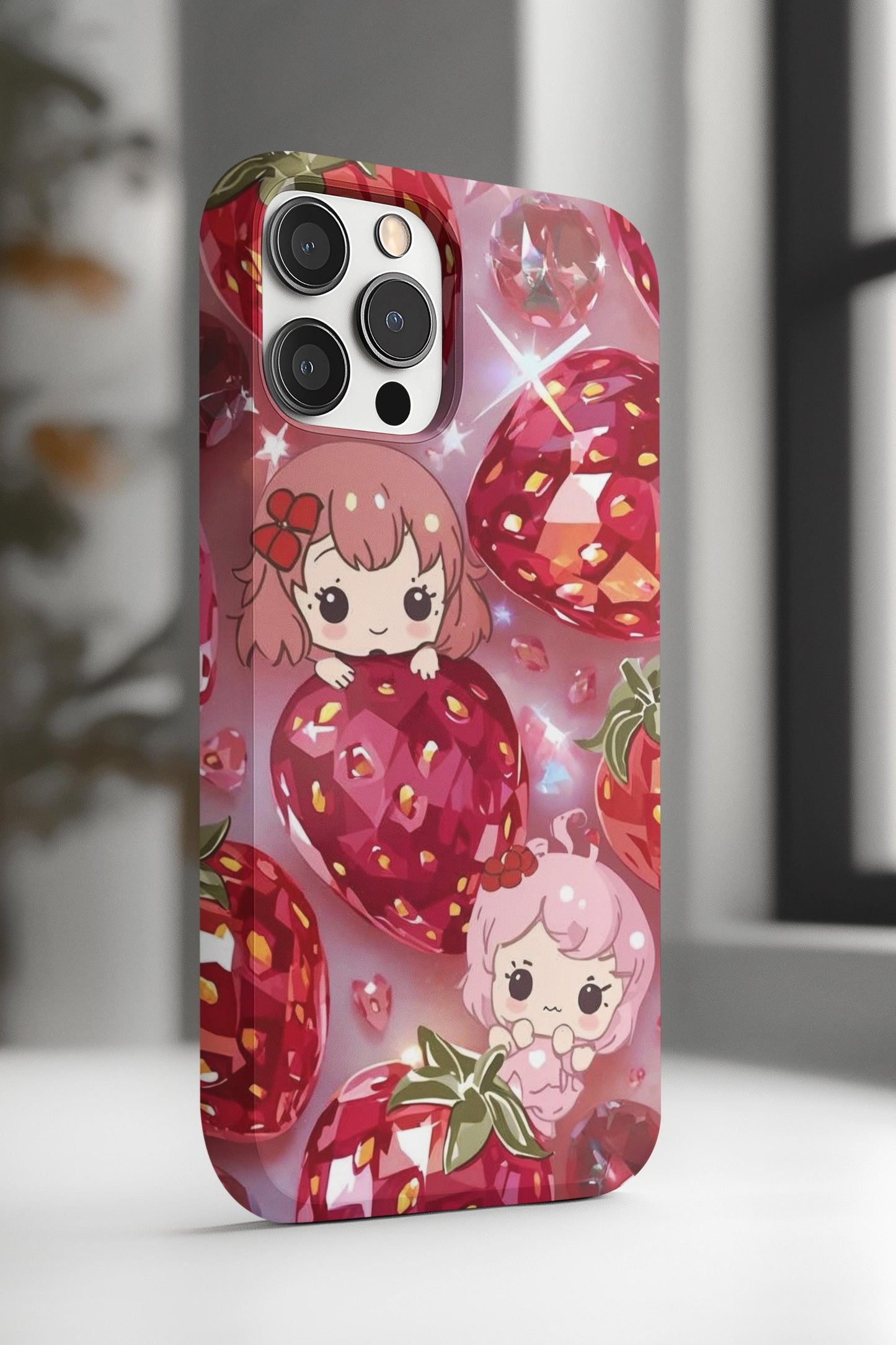 Kawaii Strawberry iPhone 14 Case, Stained Glass Cute Tough Phone Case | Aesthetic Pastel Pink Custom Cover, Fun Gift, Berry Decor