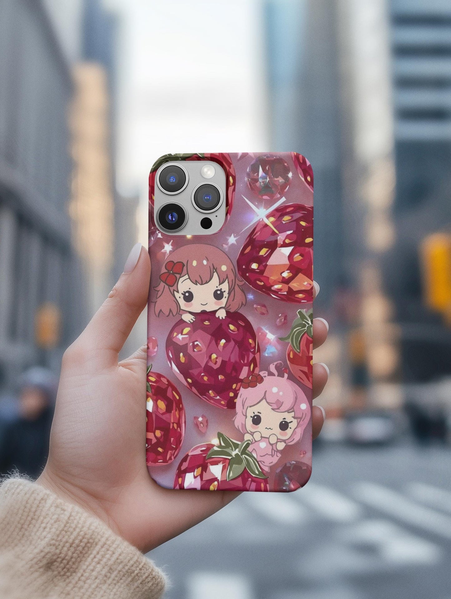 Kawaii Strawberry iPhone 14 Case, Stained Glass Cute Tough Phone Case | Aesthetic Pastel Pink Custom Cover, Fun Gift, Berry Decor