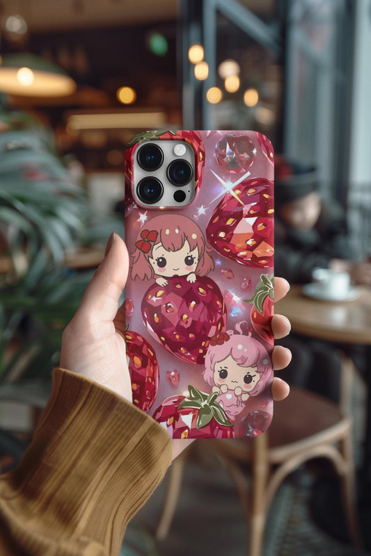 Kawaii Strawberry iPhone 14 Case, Stained Glass Cute Tough Phone Case | Aesthetic Pastel Pink Custom Cover, Fun Gift, Berry Decor