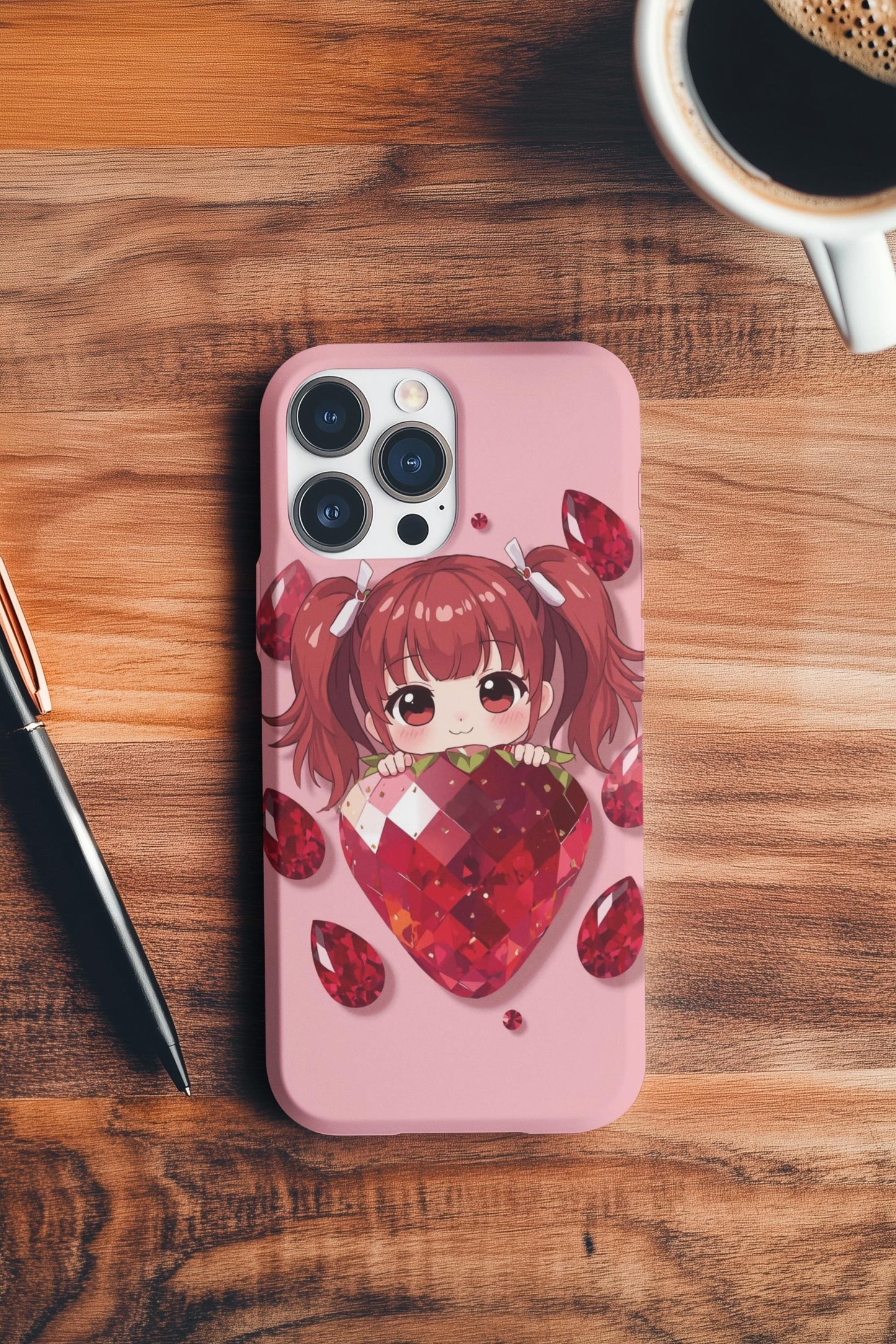 Kawaii Strawberry Girl iPhone 14 Case, Cute Pink Phone Cover | Stained Glass Aesthetic, Tough Phone Case, Fun Gift for Teens