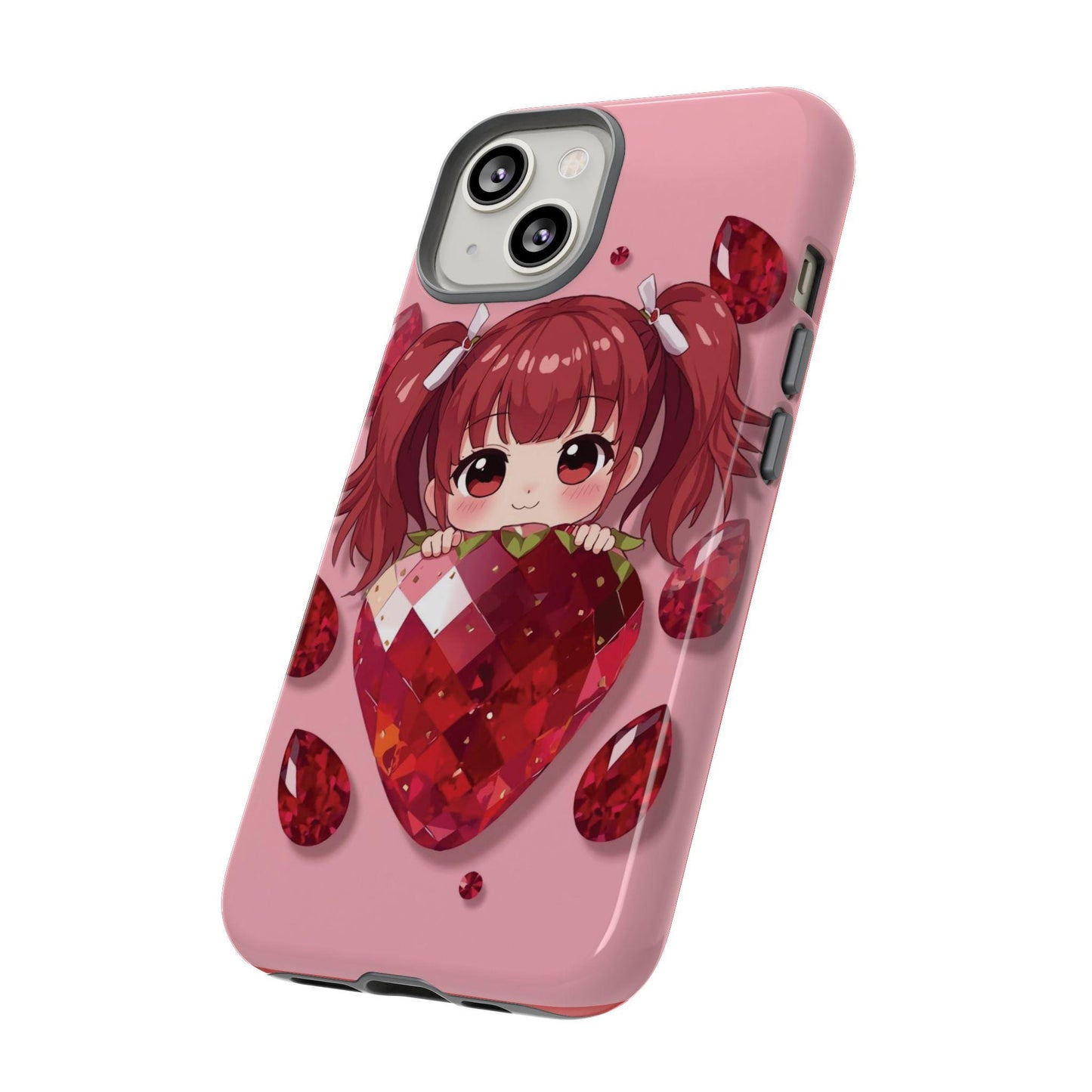 Kawaii Strawberry Girl iPhone 14 Case, Cute Pink Phone Cover | Stained Glass Aesthetic, Tough Phone Case, Fun Gift for Teens