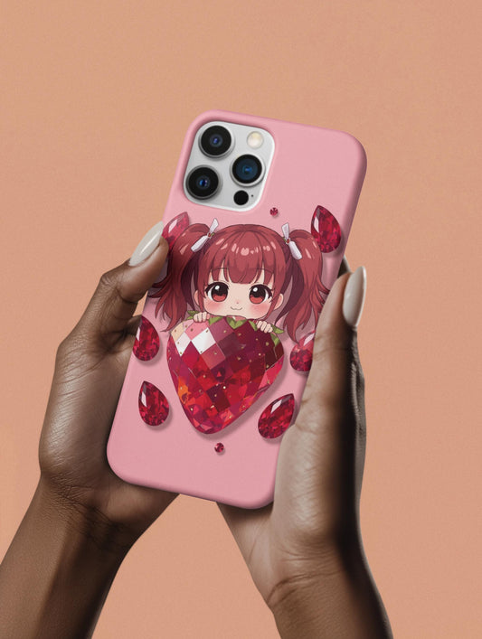 Kawaii Strawberry Girl iPhone 14 Case, Cute Pink Phone Cover | Stained Glass Aesthetic, Tough Phone Case, Fun Gift for Teens