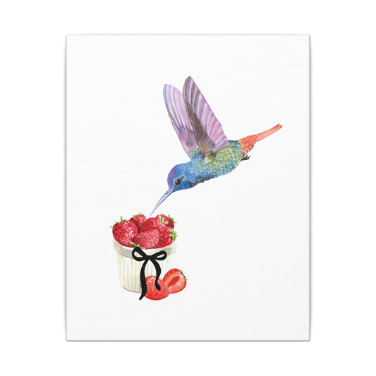 Hummingbird & Strawberries Wall Art. Small, Medium and Large Vertical Canvas Print. Nature Kitchen Decor, Bird and Fruit Watercolor Painting