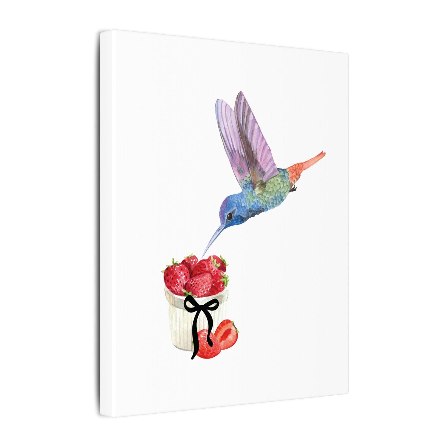 Hummingbird & Strawberries Wall Art. Small, Medium and Large Vertical Canvas Print. Nature Kitchen Decor, Bird and Fruit Watercolor Painting