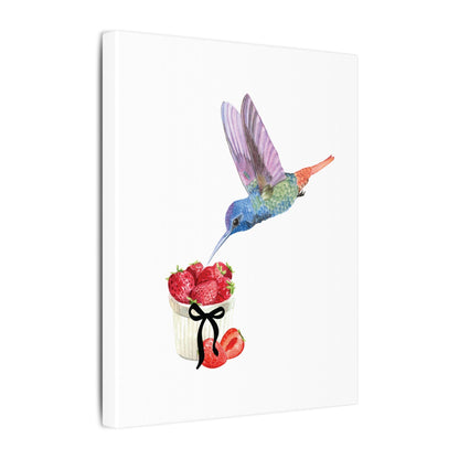 Hummingbird & Strawberries Wall Art. Small, Medium and Large Vertical Canvas Print. Nature Kitchen Decor, Bird and Fruit Watercolor Painting