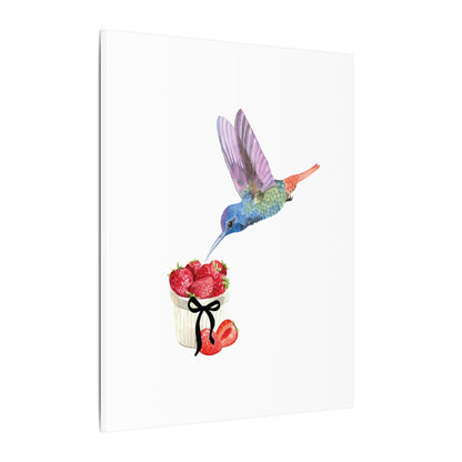 Hummingbird & Strawberries Wall Art. Small, Medium and Large Vertical Canvas Print. Nature Kitchen Decor, Bird and Fruit Watercolor Painting