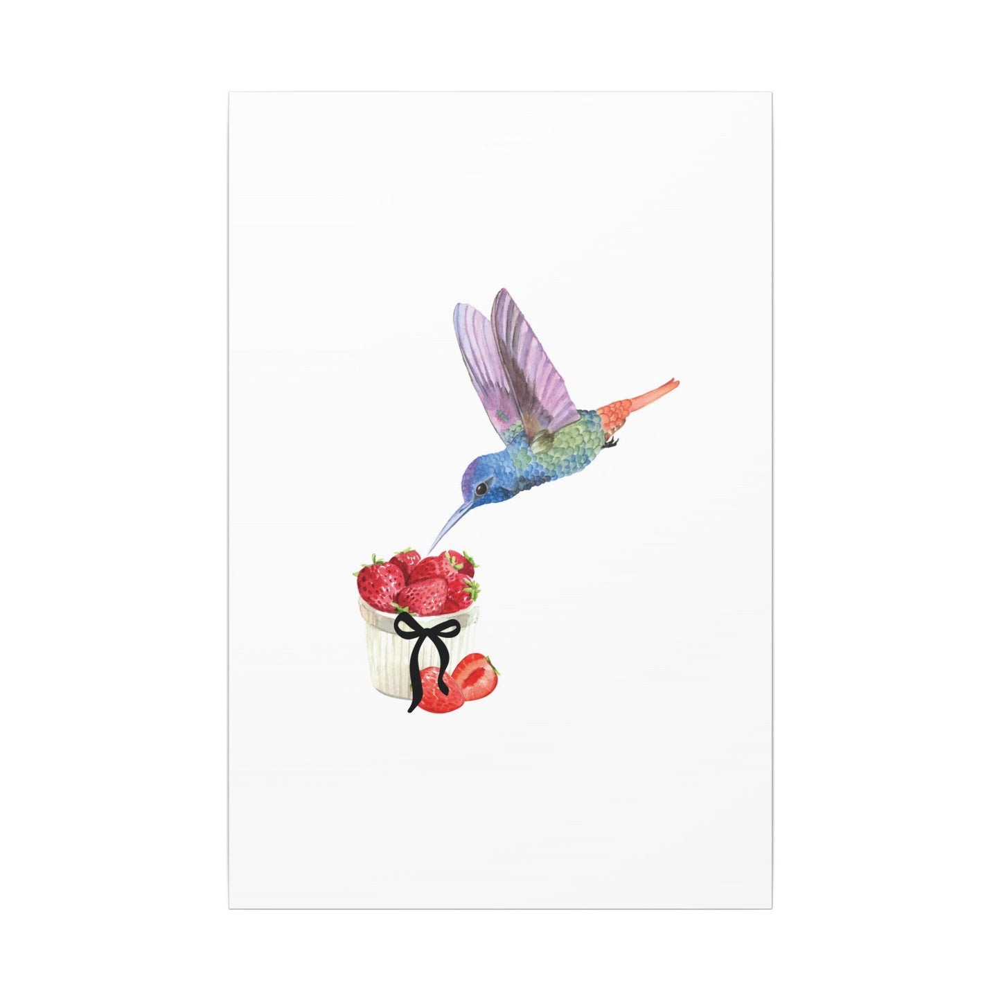 Hummingbird & Strawberries Wall Art. Small, Medium and Large Vertical Canvas Print. Nature Kitchen Decor, Bird and Fruit Watercolor Painting