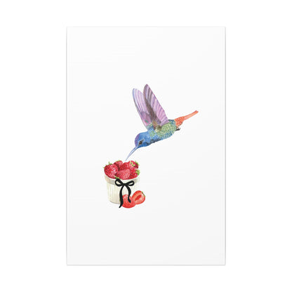 Hummingbird & Strawberries Wall Art. Small, Medium and Large Vertical Canvas Print. Nature Kitchen Decor, Bird and Fruit Watercolor Painting