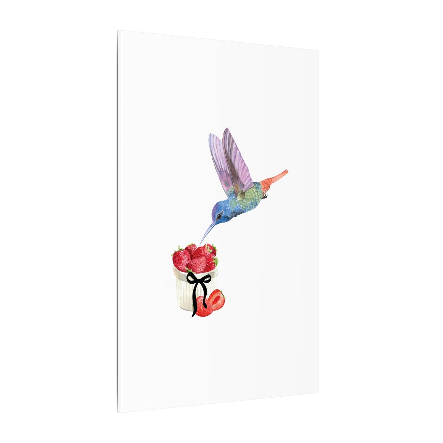 Hummingbird & Strawberries Wall Art. Small, Medium and Large Vertical Canvas Print. Nature Kitchen Decor, Bird and Fruit Watercolor Painting