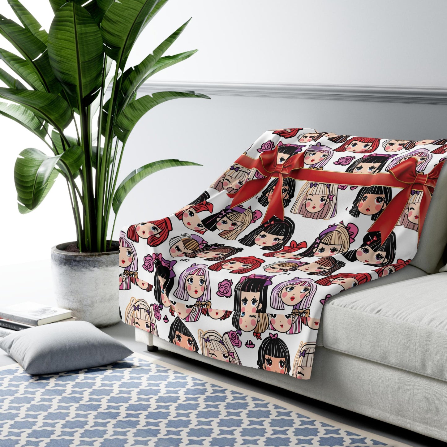 Kawaii Anime Girl Sherpa Fleece Blanket: Cozy Plush Throw for Bedroom Decor, Otaku Gift