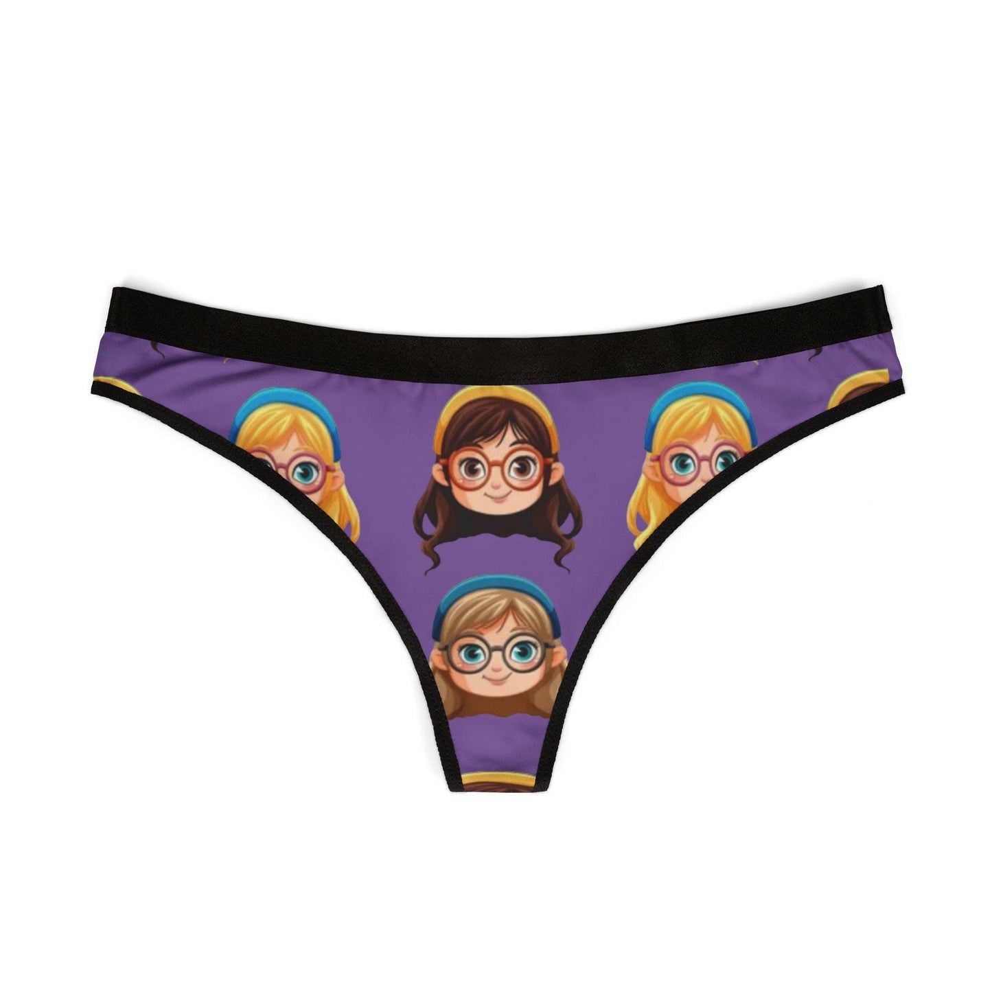 Playful Anime-Inspired Purple Thong: Cute Glasses Girl Print, Geeky Kawaii Lingerie Gift for Otaku