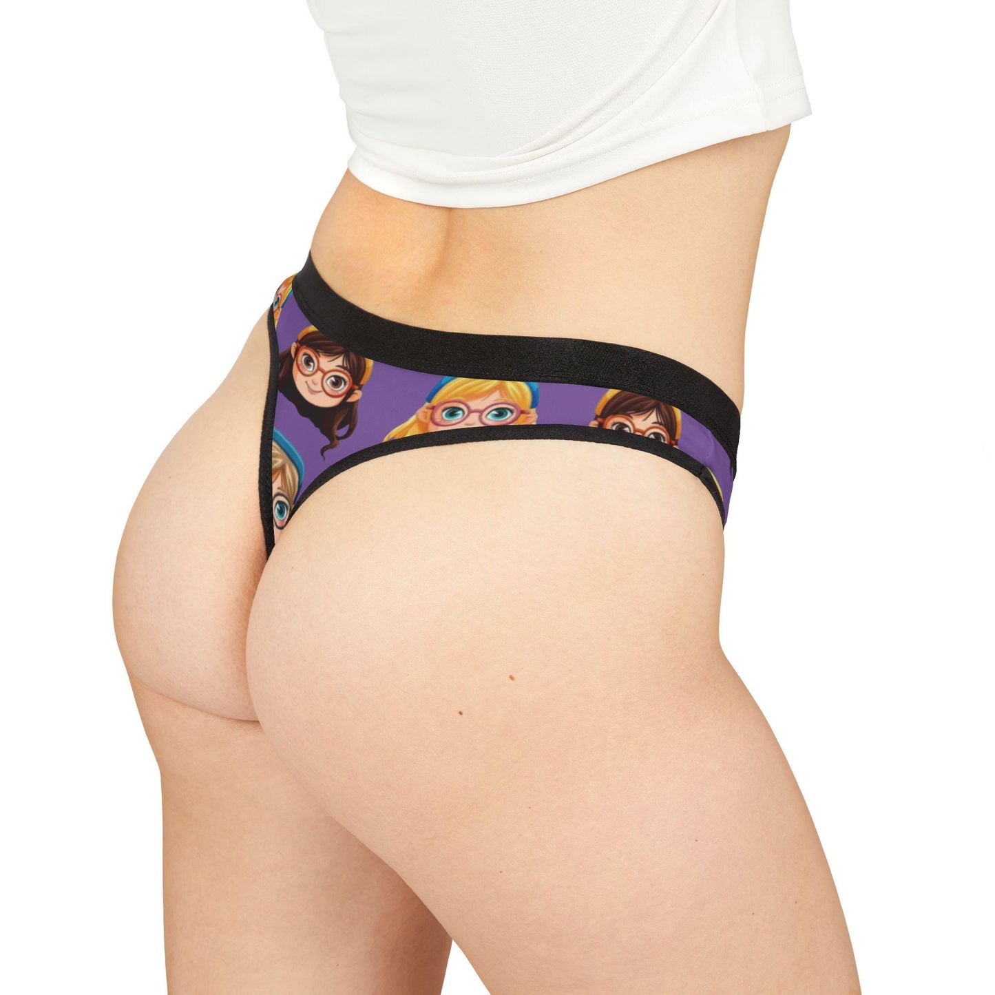 Playful Anime-Inspired Purple Thong: Cute Glasses Girl Print, Geeky Kawaii Lingerie Gift for Otaku