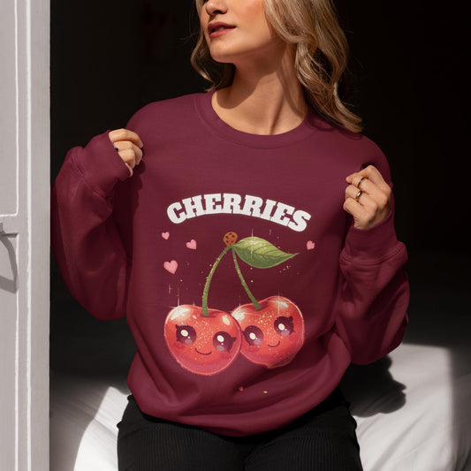Kawaii Cherry Crewneck: Cozy Unisex Fleece Pullover for Fruit Lovers, Fall Fashion Gift