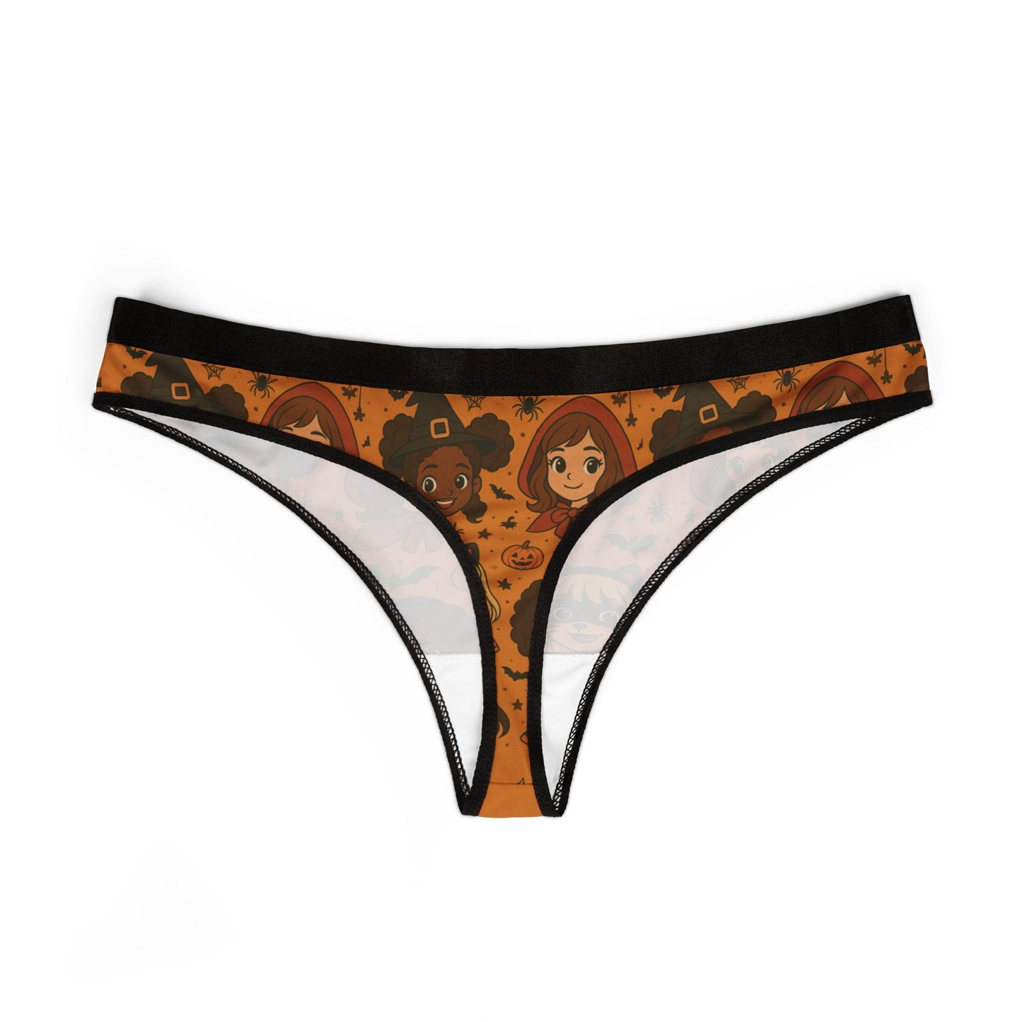 Spooky Cute Halloween Anime Girl Thong - Witchy Cat Costume Print Lingerie for Fun Holiday Flirtation