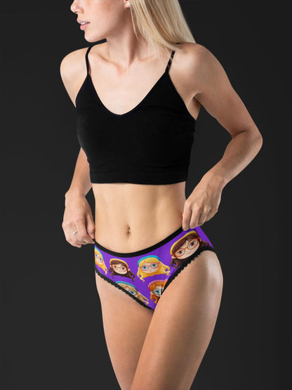 Playful Anime-Inspired Purple Thong: Cute Glasses Girl Print, Geeky Kawaii Lingerie Gift for Otaku