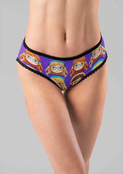 Playful Anime-Inspired Purple Thong: Cute Glasses Girl Print, Geeky Kawaii Lingerie Gift for Otaku