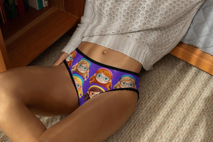 Playful Anime-Inspired Purple Thong: Cute Glasses Girl Print, Geeky Kawaii Lingerie Gift for Otaku