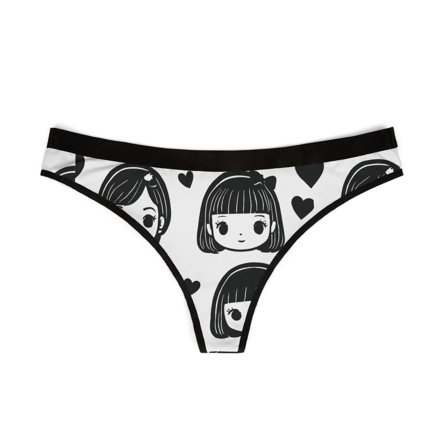Black & White Anime Girl Thong - Kawaii Chibi Panties with Hearts, Cute Japanese Otaku Lingerie