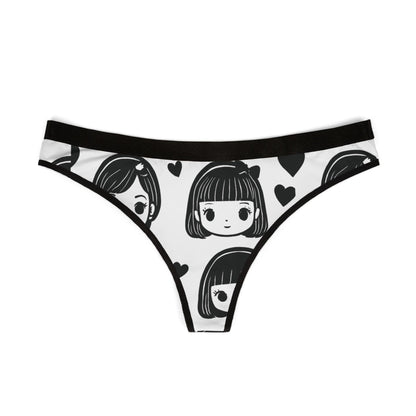 Black & White Anime Girl Thong - Kawaii Chibi Panties with Hearts, Cute Japanese Otaku Lingerie