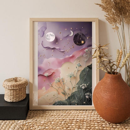 Celestial Botanical Print: Moon, Stars & Flowers (Digital Download)