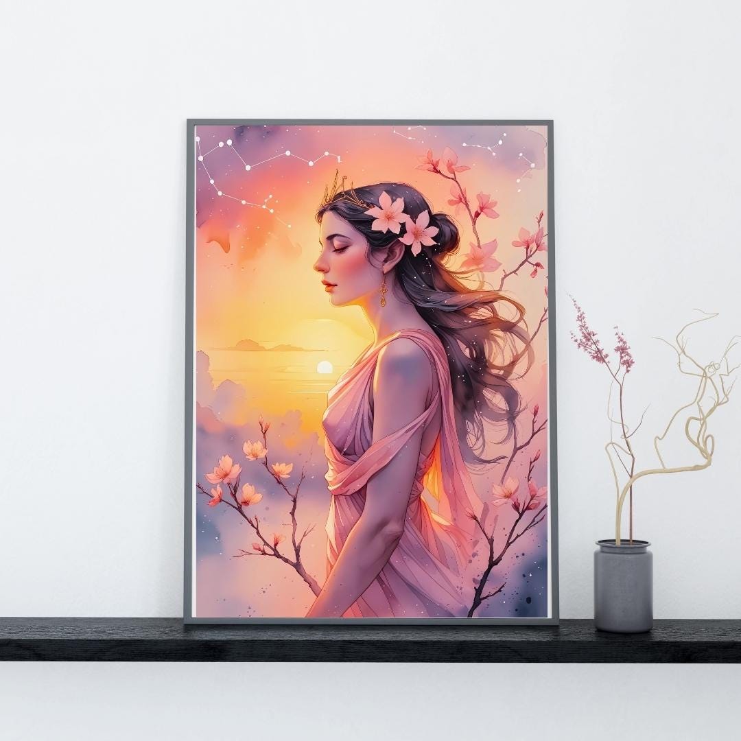 Eos Goddess Sunrise Print: Feminine Floral Mythology Art (Digital Download