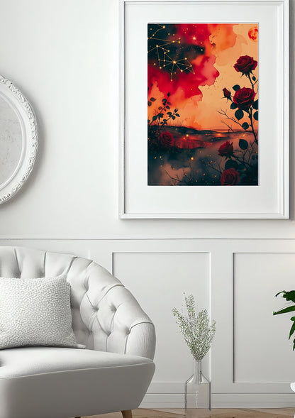 Celestial Ares Mythology Print: Crimson Constellations with Red Moon and Roses Digital Download