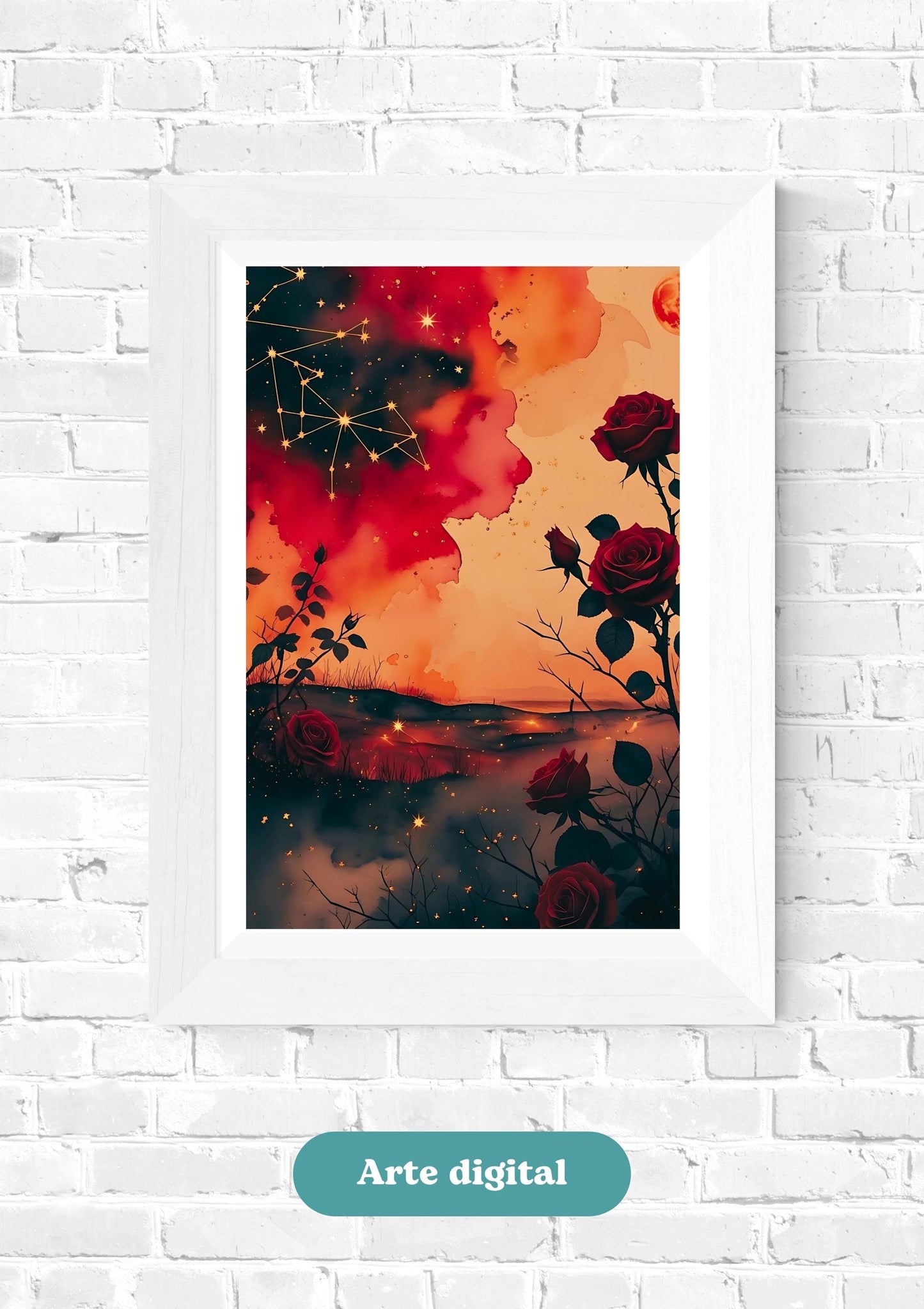 Celestial Ares Mythology Print: Crimson Constellations with Red Moon and Roses Digital Download