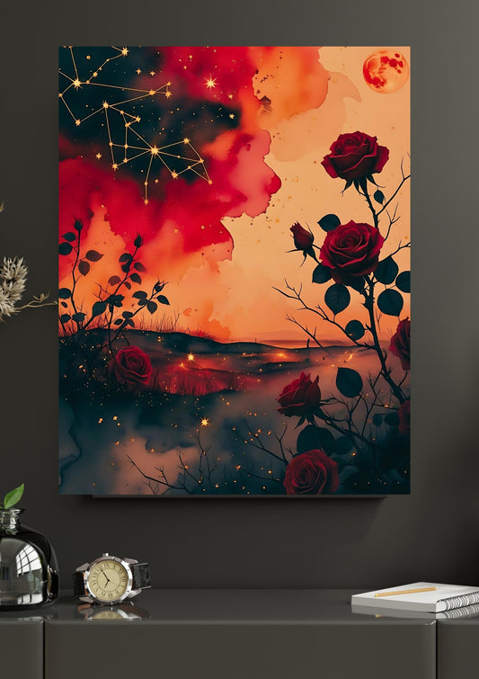 Celestial Ares Mythology Print: Crimson Constellations with Red Moon and Roses Digital Download
