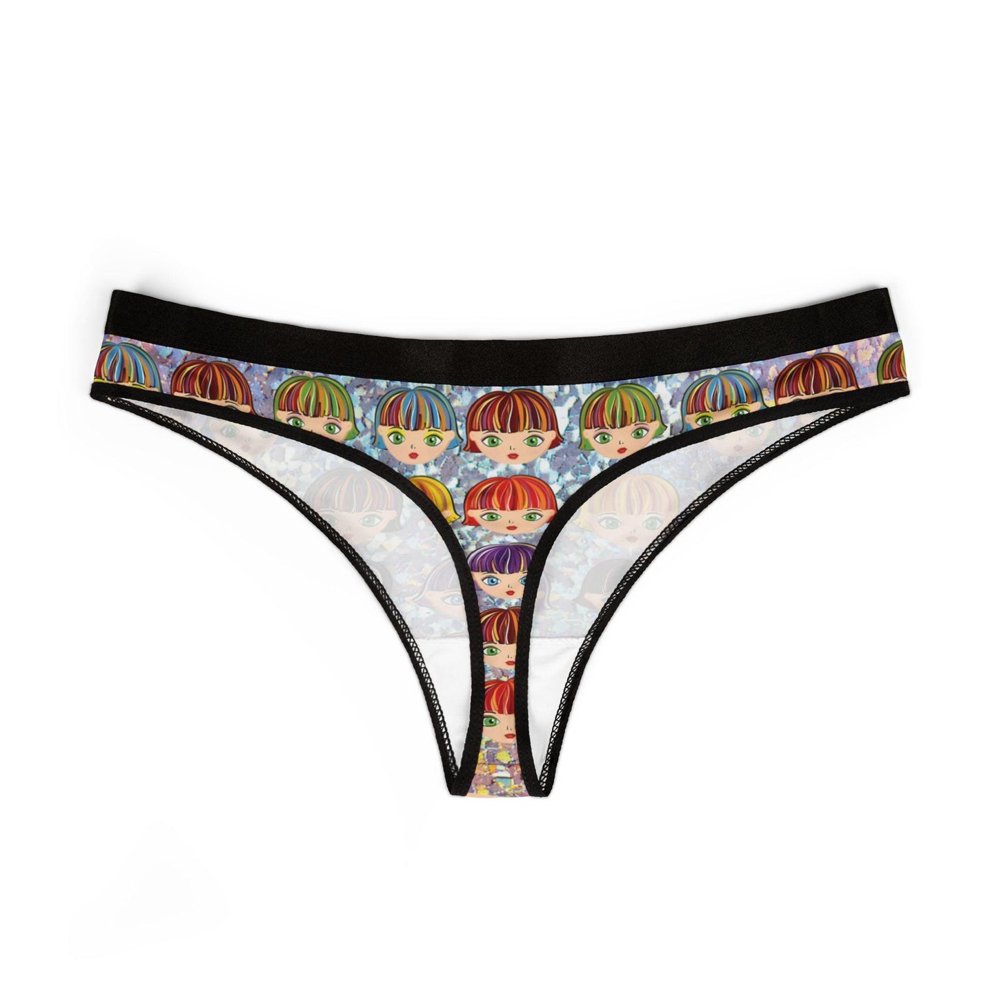 Vibrant Anime Girl Glitter Thong: Kawaii Otaku Lingerie with Colorful Hair Design