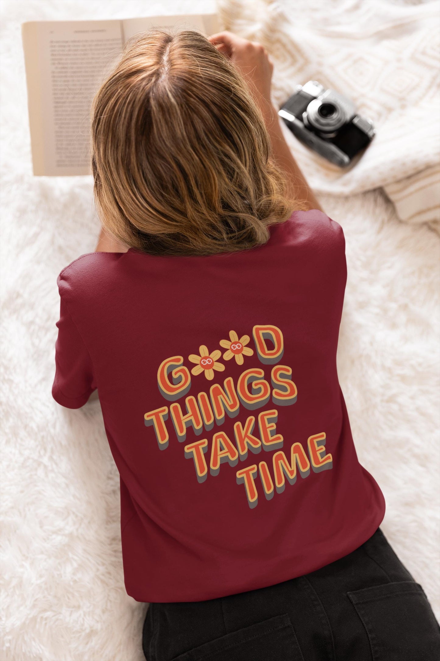 Retro Flower Graphic Tee: Good Things Take Time Quote Shirt, Cozy Unisex Comfort Colors