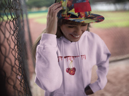 Pastel Pink Hoodie: Dripping Red Cherries, Unisex Streetwear