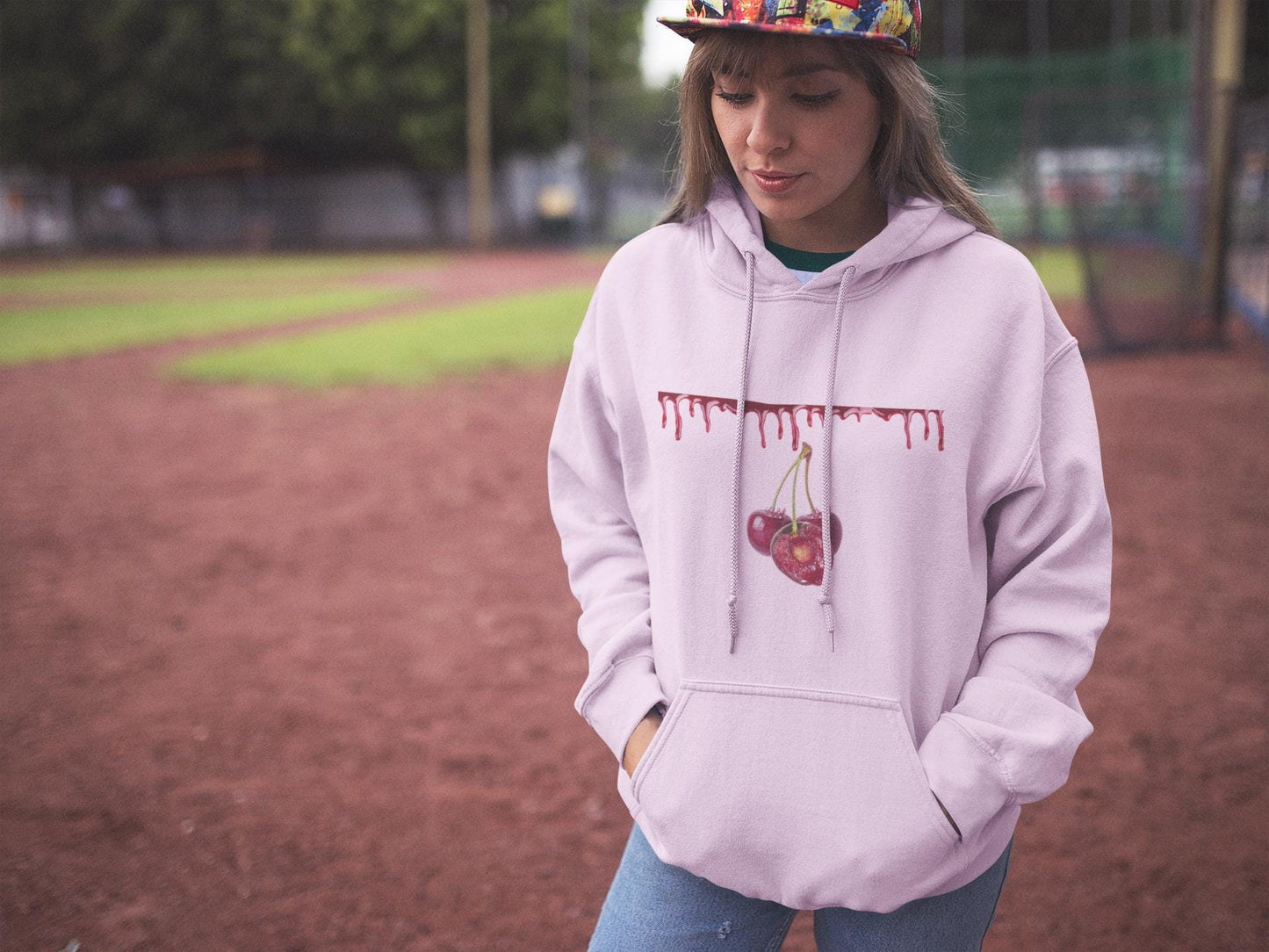 Pastel Pink Hoodie: Dripping Red Cherries, Unisex Streetwear