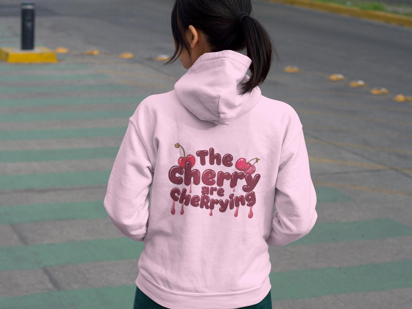 Pastel Pink Hoodie: Dripping Red Cherries, Unisex Streetwear