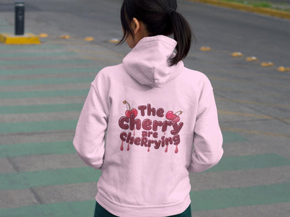 Pastel Pink Hoodie: Dripping Red Cherries, Unisex Streetwear