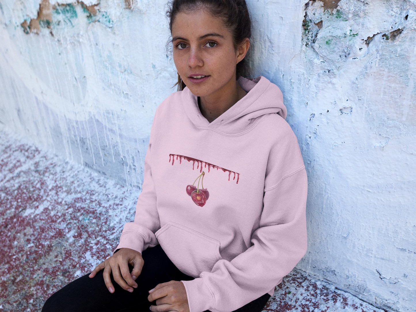 Pastel Pink Hoodie: Dripping Red Cherries, Unisex Streetwear