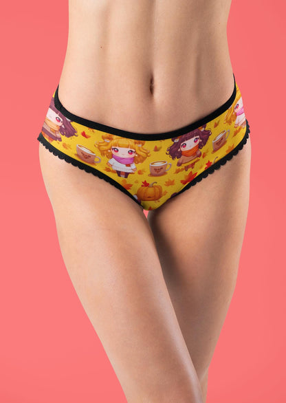 Cute Fall Kawaii Anime Thong for her. Featuring pumpkins, leaves and lattes. Fall Panties are out!! Grab your pair!