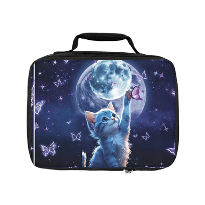 Whimsical Personalized Cat Lunch Tote: Moon & Butterfly Design for Kids