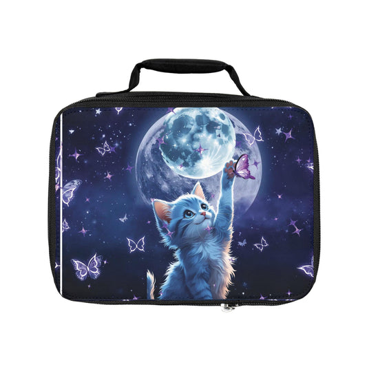 Whimsical Personalized Cat Lunch Tote: Moon & Butterfly Design for Kids