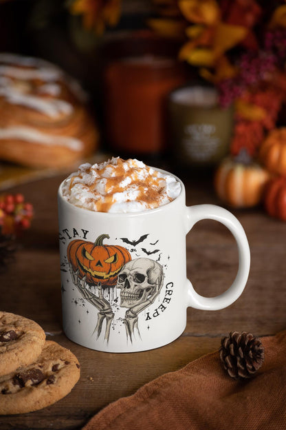Spooky Halloween Mug, Skull and Pumpkin Design. Autumn Vibes Cup, Fall Decor, Halloween Kitchen