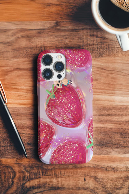Glittery Strawberry iPhone 14 Case, Stained Glass Pink Aesthetic | Cute Phone Accessory, Tough Case for Girls, Fun & Stylish Gift